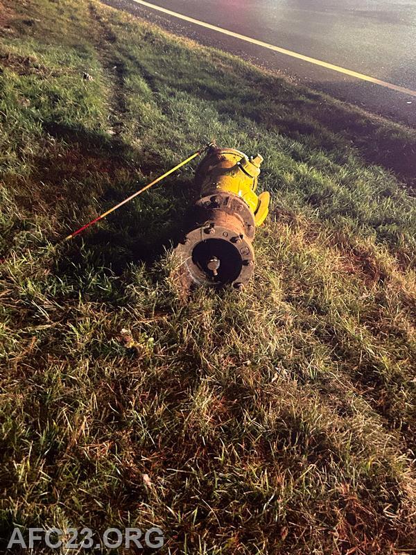 The hydrant the vehicle struck and severed from the ground.