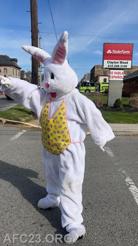 The Easter Bunny waving at passing motorists during the boot drive